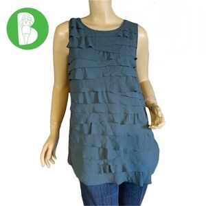 LOFT GREEN JERSEY KNIT TUNIC W/CHIFFON LAYERED RUFFLE FRONT  (LM)